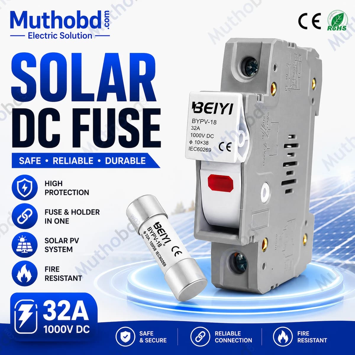 beiyi BEIYI 1000VDC 15A-32A PV Solar Ceramic DC Fuse Link & Holder for Solar System Protection