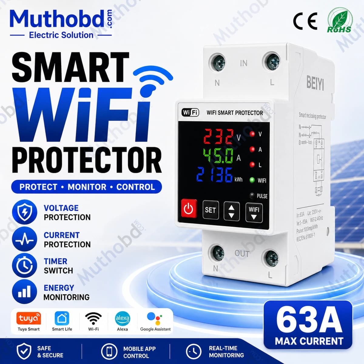 beiyi BEIYI Tuya Smart WiFi Circuit Breaker 63A 1P+N with kWh Meter & Leakage Protection