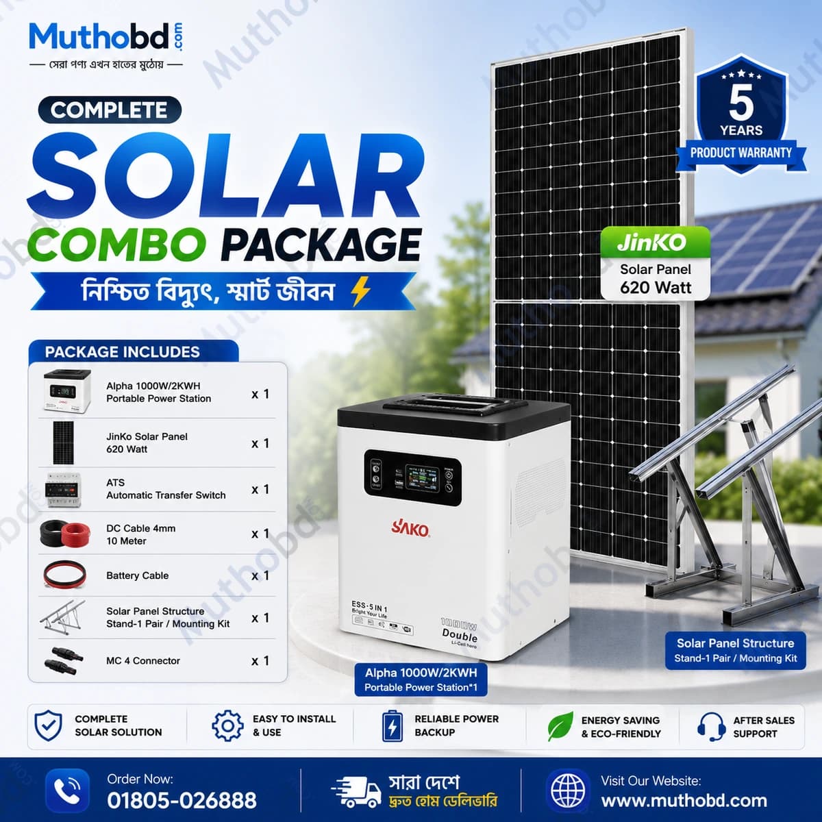 muthobd solar Alpha 1000W Portable Power Station with 620W Solar Panel Complete Solar Backup Combo Package