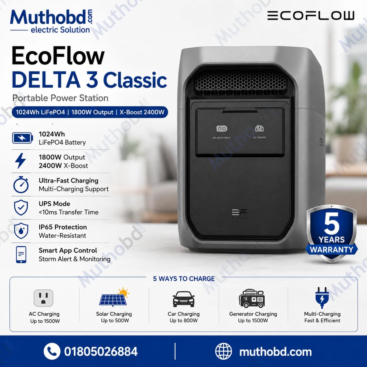 EcoFlow DELTA 3 Classic Portable Power Station (1024Wh LiFePO4 Battery, 1800W Output, X-Boost 2400W)