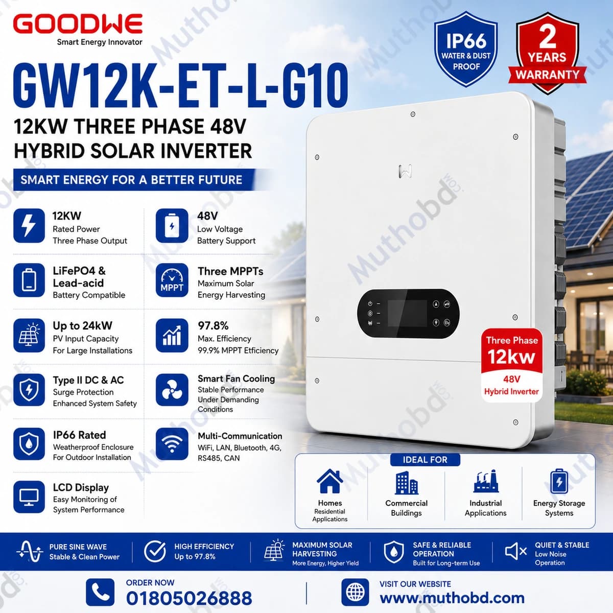 goodwe GoodWe GW12K-ET-L-G10 12KW Three Phase 48V Hybrid Solar Inverter