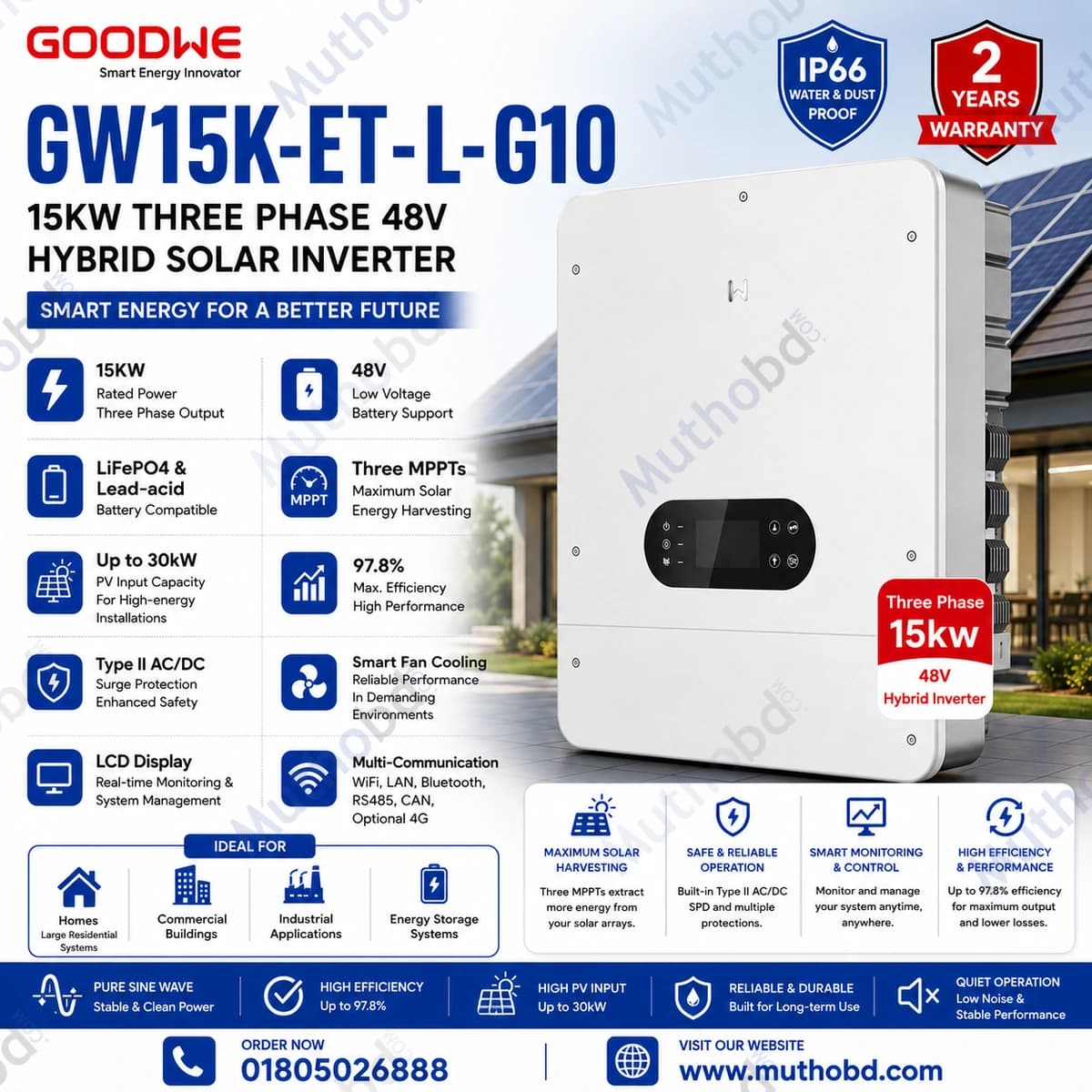 goodwe GoodWe GW15K-ET-L-G10 15KW Three Phase 48V Hybrid Solar Inverter