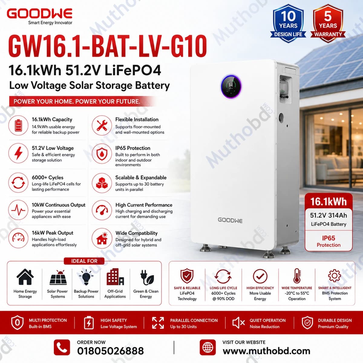 goodwe GoodWe GW16.1-BAT-LV-G10 16.1kWh 51.2V LiFePO4 Low Voltage Solar Storage Battery