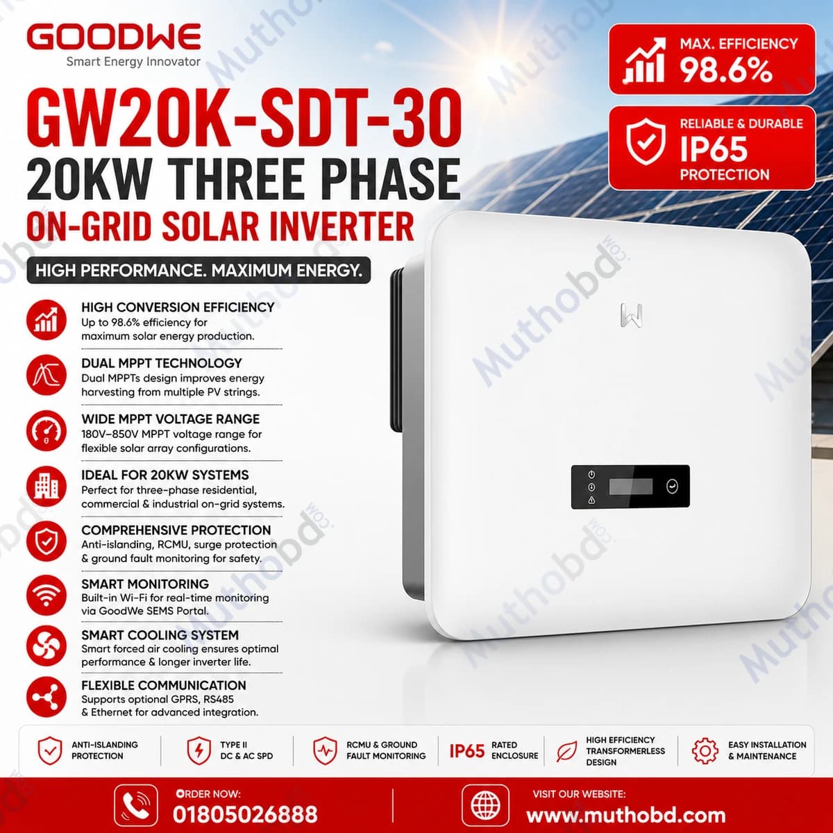 goodwe GoodWe GW20K-SDT-30 20KW Three Phase On-Grid Solar Inverter