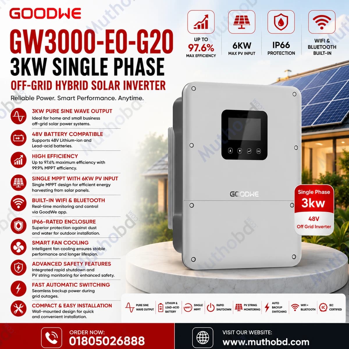 goodwe GoodWe GW3000-EO-G20 3KW Single Phase Off-Grid Hybrid Solar Inverter (48V)