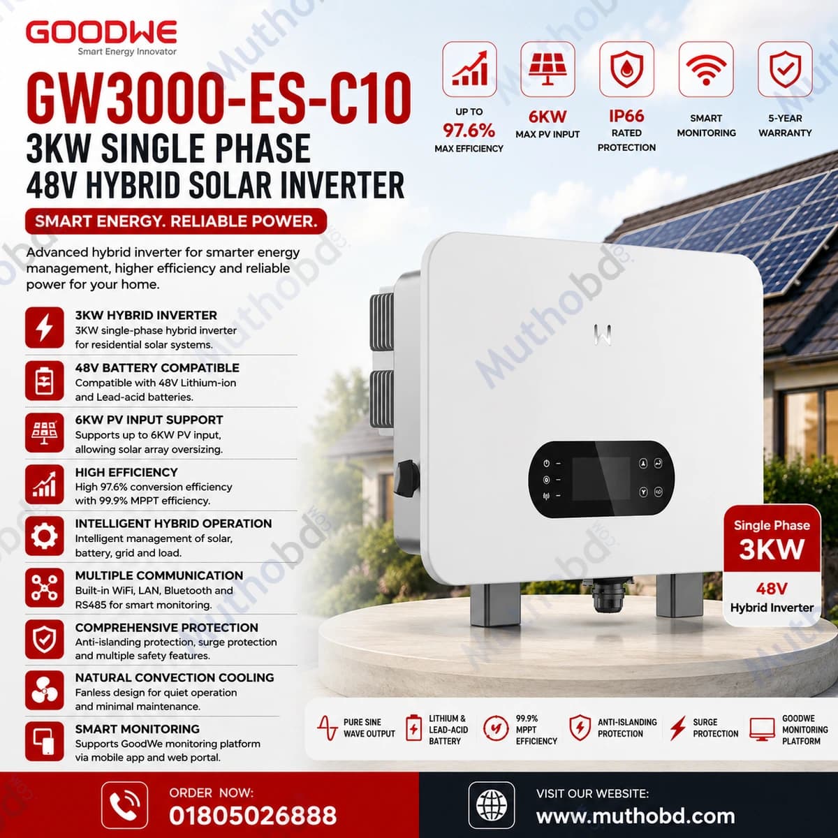 goodwe GoodWe GW3000-ES-C10 3KW Single Phase 48V Hybrid Solar Inverter