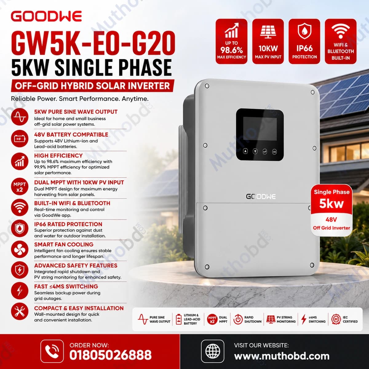 goodwe GoodWe GW5K-EO-G20 5KW Single Phase Off-Grid Hybrid Solar Inverter (48V)