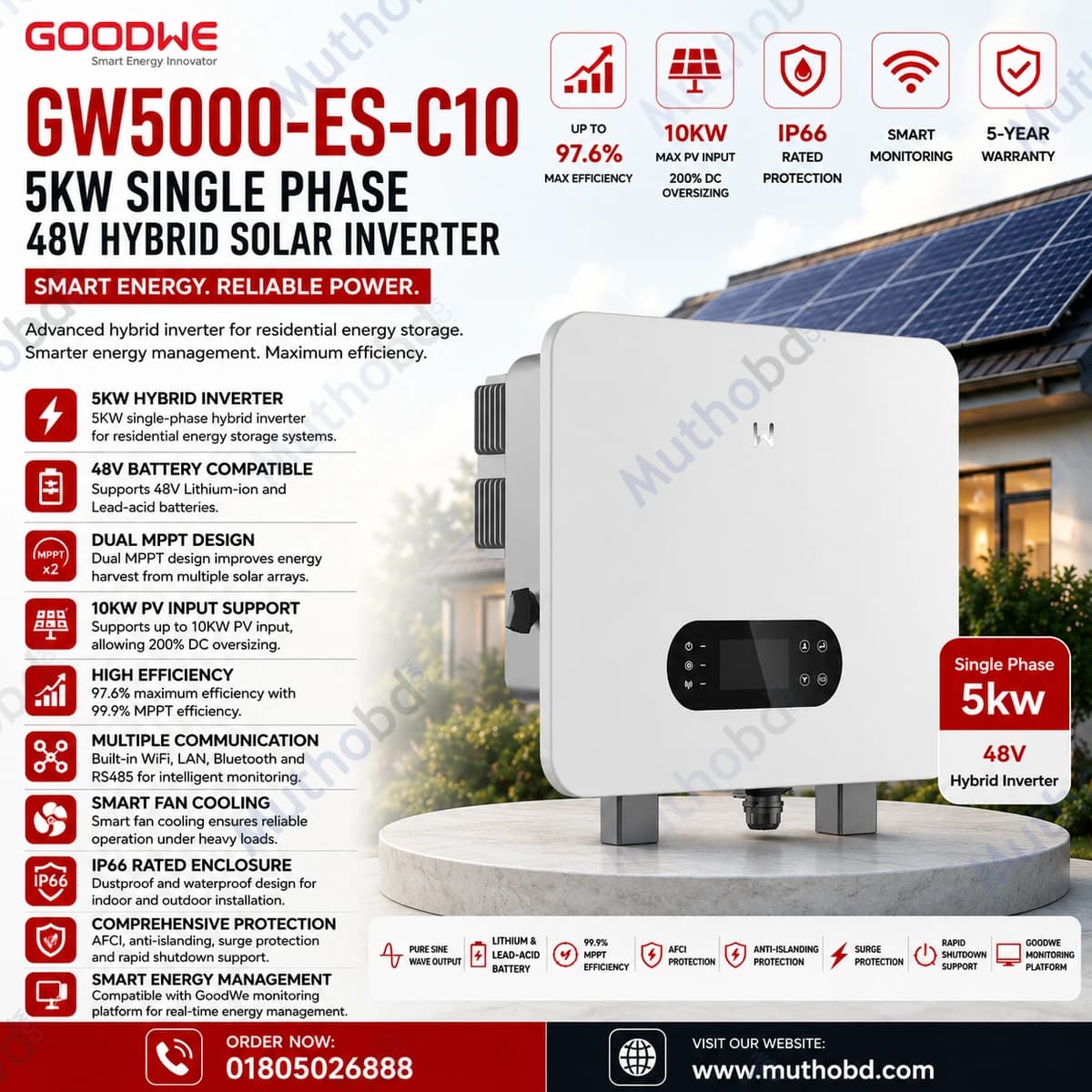 goodwe GoodWe GW5000-ES-C10 5KW Single Phase 48V Hybrid Solar Inverter