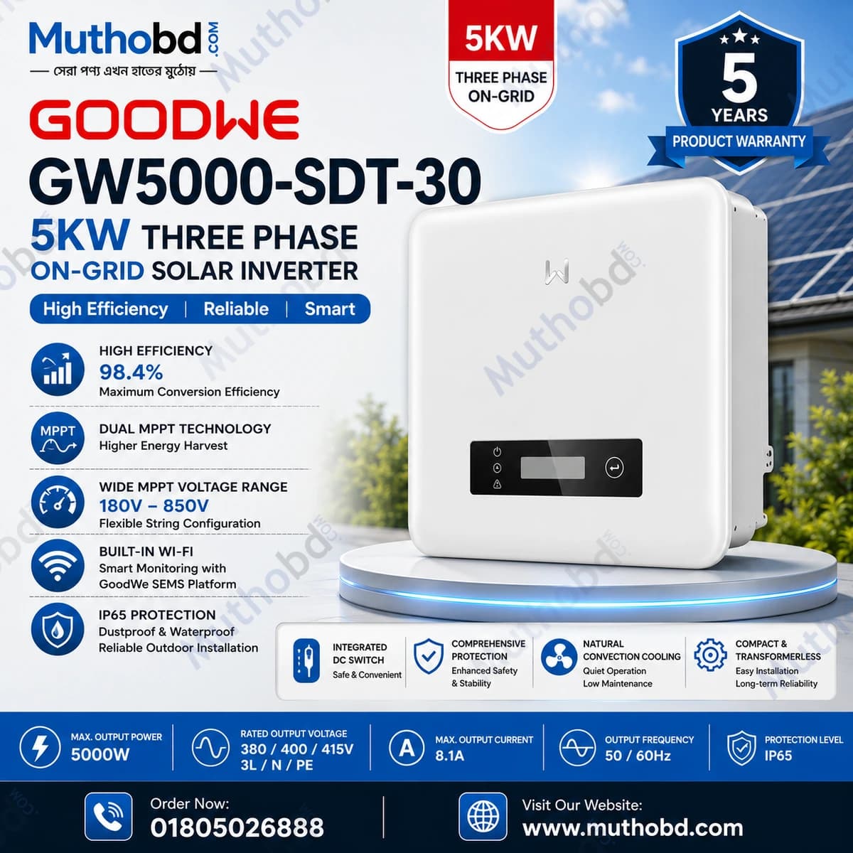goodwe GoodWe GW5000-SDT-30 5KW Three Phase On-Grid Solar Inverter