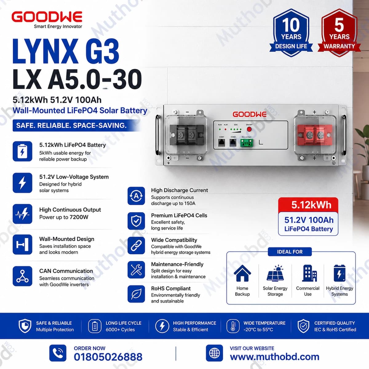 goodwe GoodWe Lynx G3 LX A5.0-30 5.12kWh 51.2V 100Ah Wall-Mounted LiFePO4 Solar Battery