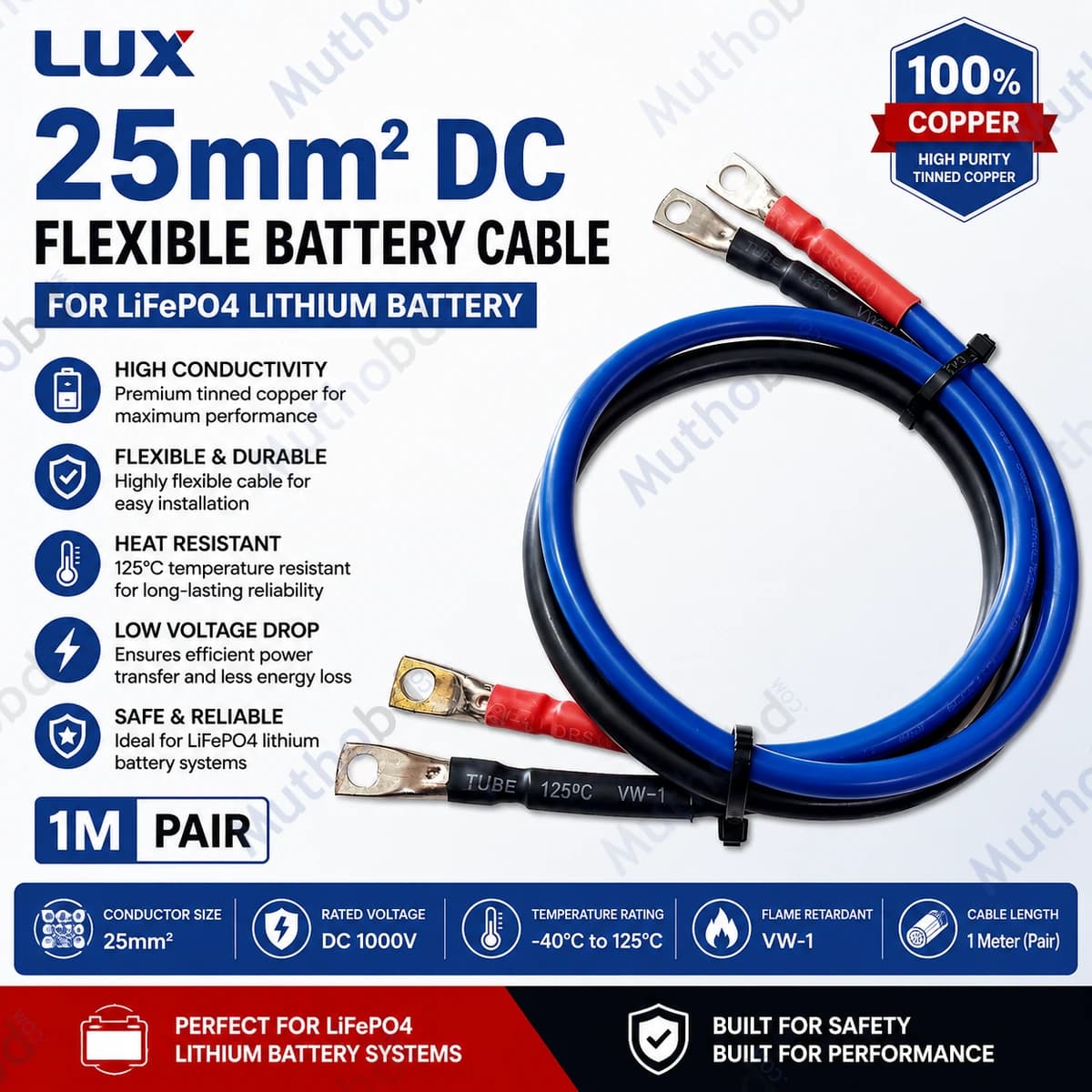 other LUX 25mm² DC Flexible Battery Cable for LiFePO4 Lithium Battery - - 1M Pair