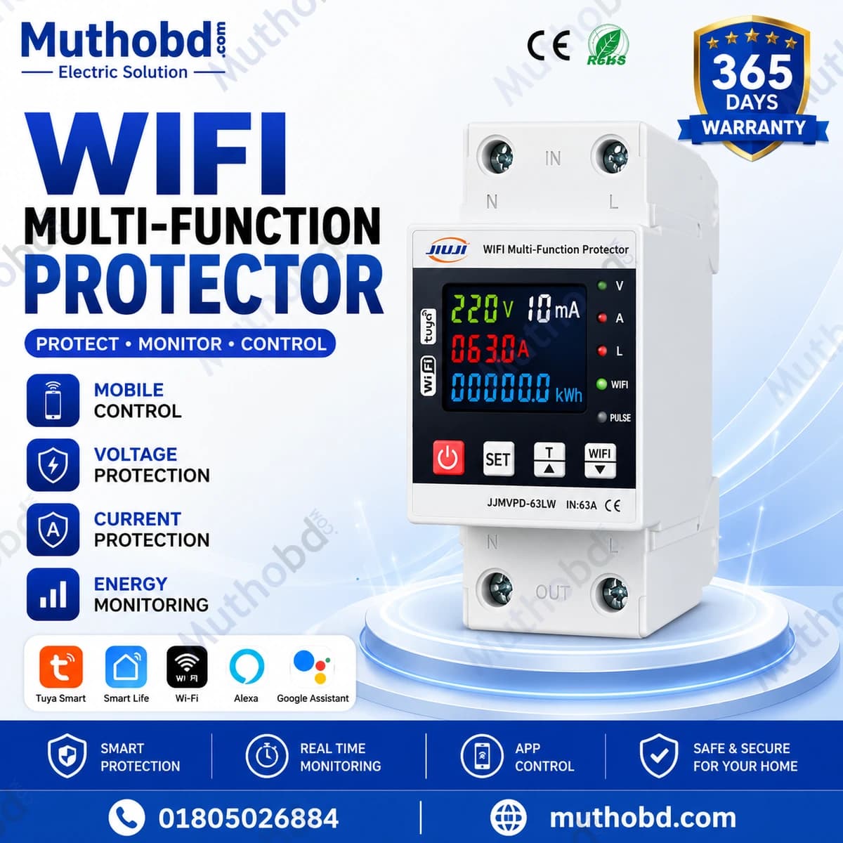 JIUJI Tuya WiFi Smart Protector VPD1-80LW 80A 1P+N with Energy Metering & Over Voltage Protection
