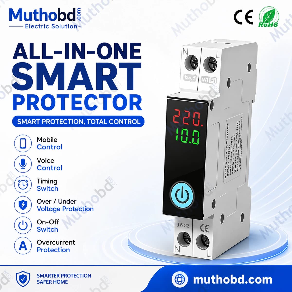 jiuji Tuya WiFi Smart Switch 63A With Display | Smart Life App Control Miniature Circuit Breaker | Timer Voice Control | DIN Rail Smart MCB